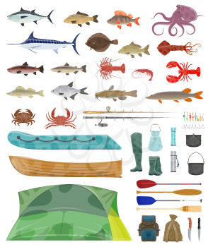 Fisherman tools and fishing tackles icons. Vector isolated equipment set of fisher boat, tent and fishing net or rod with hooks and fishes bait for flounder, salmon or trout and marlin or tuna catch