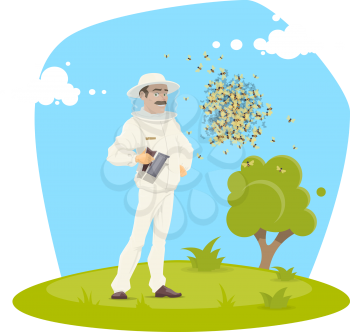 Beekeeping apiary and beekeeper man with bee smoker in bees swarm for honey gathering. Vector flat design of beekeeping farm landscape and hiver or apiarist smoking hive