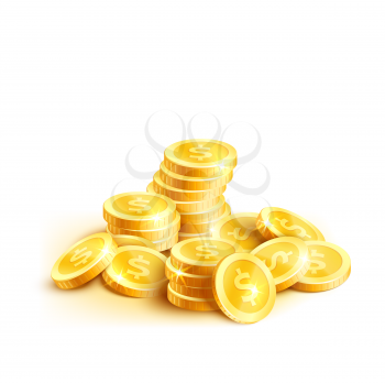 Golden coins or gold cent coin pile icon. Vector isolated symbol of golden dollar coins money stack placer for casino poker jackpot win game or rich wealth and banking currency or lottery design