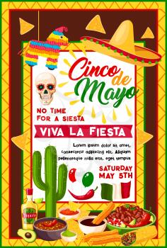 Cinco de Mayo mexican fiesta party banner with traditional holiday symbols. Sombrero hat, chili pepper or jalapeno and maracas, cactus, tequila margarita and nachos, burrito, guacamole and Mexico flag