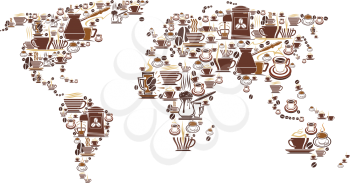 Coffee cups and coffee maker world map for coffeehouse, cafeteria or coffeeshop cafe design. Vector icons of hot steamy chocolate mug, espresso steam or coffee machine and grinder or Turkish cezve