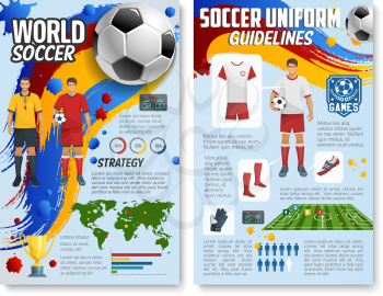 Soccer sport game infographics or football league club uniform guideline brochure design template. Vector football sport team players strategy diagram and match cup goal scores statistics on world map
