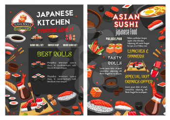 Sushi bar or Japanese Asian cuisine food bar menu design template. Vector sashimi and sushi rolls of salmon fish, bento tempura shrimp in rice and soy sauce or noodles soup and chopsticks
