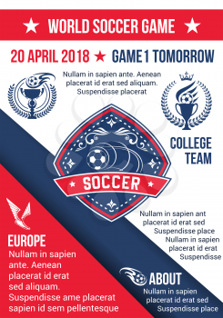 World Soccer cup game or football tournament poster for championship or fan club and sports league team game. Vector design template of soccer team flag, winner cup and football ball with wings