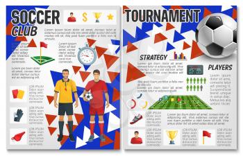 Soccer club or football game tournament strategy brochure design template. Vector football sport team players, ball and goal on stadium arena with golden cup victory award