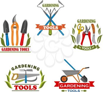 Gardening tools icons set for farming or farmer garden household. Vector isolated set of rake or pitchfork and spade, wheelbarrow and saw or gardening scissors, watering can and planting hoe