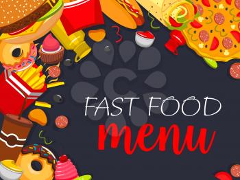 Fast food menu cover design template of fastfood meals, snacks and desserts. Vector cheeseburger or hamburger burger, hot dog sandwich, pizza and popcorn or ice cream and donut cake