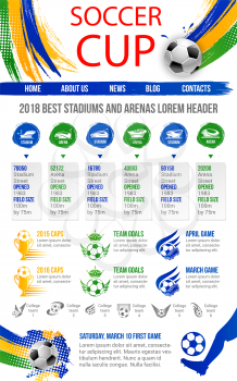 Soccer cup or football sport game web site or landing page template design. Vector headers menu for arena stadium field size, championship team goals score results or match news and awards