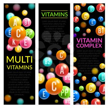 Multi vitamins complex banners of vitamin pills of A, B and ascorbic acid C, D and PP or multivitamin D. Vector design for medical dietary supplement or healthy lifestyle advertising template