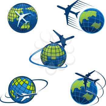 Airplane and world globe icon templates for travel agency or air post mail delivery and logistics service company. Vector isolated aircraft flying around earth for tourism journey or airlines voyage