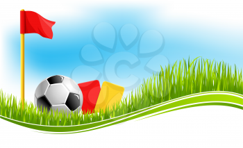 Soccer or football game background design template for fan club or college team championship or tournament. Vector soccer ball on arena stadium grass, league flags and referee cards for football match