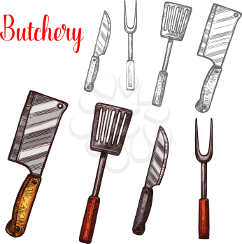 Butcher cutlery or butchery cooking or meat carving kitchen tools. Vector sketch isolated icons of knife or hatchet axe, grill spatula and fork for bbq pork or beef steak knives