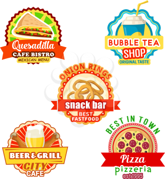Fast food meals and snacks bar or fastfood bistro cafe icons templates. Vector isolated street food Mexican quesadilla sandwich and onion rings, grill burger and beer oe bubble sweet tea drink