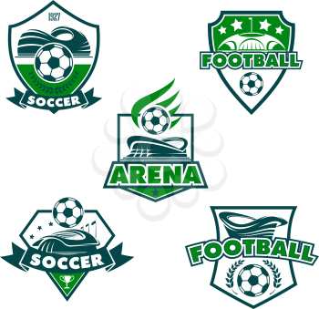 Soccer club or football college league team icons templates. Vector heraldic badge shields of soccer ball, football arena stadium, winner cup or stars and laurel victory wreath for game championship
