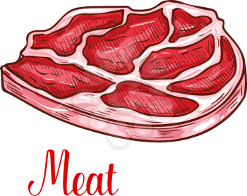Fresh meat or beef steak sketch icon. Vector isolated ham or bacon slice of farm fresh T-bone beefsteak or pork tenderloin brisket meat for butcher shop or gastronomy store and meaty products market