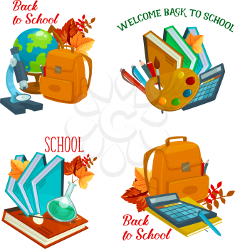 Back to School icons set of school bag, globe or microscope and chemistry book or chalkboard. Vector stationery pencil, ruler or maple leaf for autumn seasonal welcome to school design