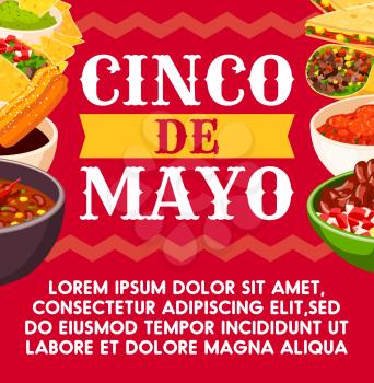 Cinco de Mayo Mexican celebration greeting card of traditional food. Vector Mexican fajitas or nachos and tortillas with mole sauce, churro pastry and tacos for national Mexico Cinco de Mayo party