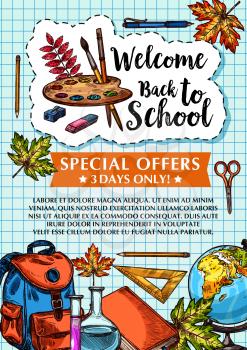 Welcome Back to School sale poster on checkered copybook pattern background. Vector design of school stationery geography globe, lesson book in school bag, paint brush and maple leaf or microscope