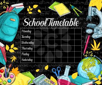 School timetable design on black chalkboard or blackboard background. Vector weekly lesson schedule of school bag, education stationery supplies chemistry book, biology microscope or geography globe