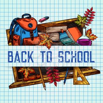 Back to School poster of sketch lesson stationery, book, pen or pencil and autumn maple or rowan leaf on chalkboard. Vector school supplies for seasonal school design on checkered page background