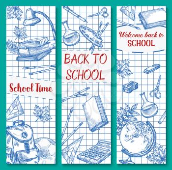 Welcome Back to School banner set of school bag and lesson stationery. Vector ink pen sketch design of book or copybook and mathematics calculator, pencil or maple leaf on checkered pattern background