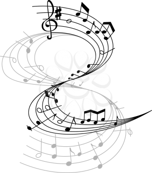 Music notes on scale isolated vector. Musical design elements in black and white colors. Various musical notes on stave. Abstract background with music notes. Concept of sound and musician