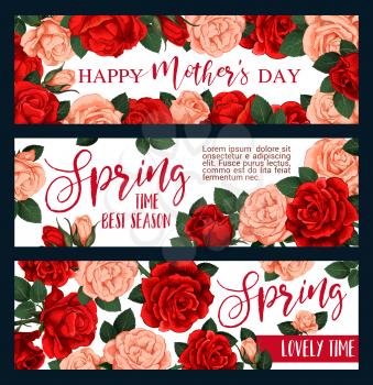 Vector banners for greeting cards with red and orange roses. Banner for Happy Mother's day holiday. Springtime and best season concept. Spring lovely time concept. Three vector banners with flowers isolated on white background