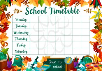 School daily timetable or lesson schedule of school bag and school stationery book or copybook and mathematics calculator, pencil or maple leaf and geometry globe. Vector poster design template