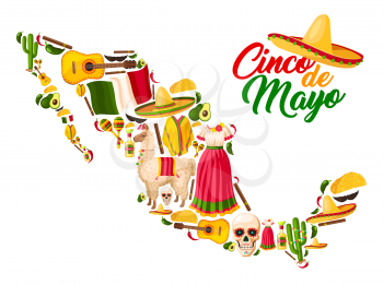 Mexican map with Cinco de Mayo holiday symbols. Sombrero hat, flag of Mexico and maracas, chili pepper or jalapeno, cactus and tequila margarita, guitar, taco and avocado for fiesta party card design