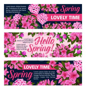 Hello Spring banners of blooming spring flowers bunch for seasonal holiday greeting card wish. Vector floral bouquet of blooming violet, lilac or hibiscus and clover blossoms