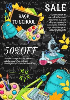 Back to School sale banner or poster sketch template for September autumn seasonal school store discount promo on blackboard. Vector school bag, books or paint brush and maple leaf, notebook or ruler