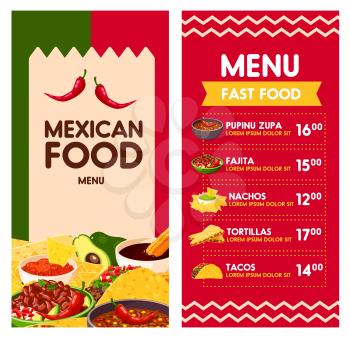 Cinco de Mayo Mexican food menu template for Mexico holiday celebration. Vector price design for Mexican fast food pipinu zupa, fajitas or nachos and tortillas or tacos for national party or fiesta