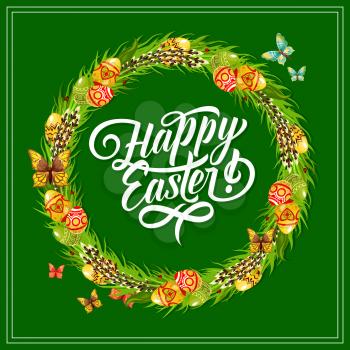 Easter egg frame greeting card for spring holiday celebration. Painted Easter Egg, blooming willow branch and green grass floral frame, decorated by butterfly with wishes of Happy Easter in center
