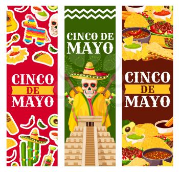 Cinco de Mayo greeting banners for Mexican holiday or fiesta party celebration of Mexico flag and traditional symbols. Vector jalapeno pepper, sombrero and tequila or skull for Cinco de Mayo design