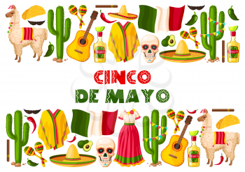 Cinco de Mayo greeting card for Mexican holiday celebration of jalapeno pepper, sombrero and tequila. Vector traditional design for Mexico national holiday party or fiesta of Mexican flag and symbols