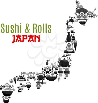 Sushi and rolls poster in Japan map shape for Japanese cuisine restaurant design. Vector symbol combined of fish sushi rolls, ramen noodles soup or caviar maki, tuna and salmon sashimi with chopsticks