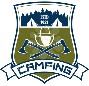 Camping or forest outdoor scout adventure club icon design template. Vector isolated badge of camp tent and crossed axes with camping bowler for hiking and extreme nature explorer team