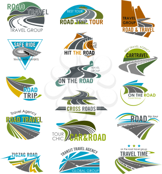 Road icons set for travel or tourist company and agency. Vector isolated curved highway or traffic lane path and motorway horizon, tunnel and bridge for road journey or travel voyage templates