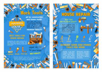 House construction or home repair poster of carpentry and interior design work tools. Vector woodwork saw or grinder, handyman hammer or plaster trowel and paint brush, screwdriver and ruler