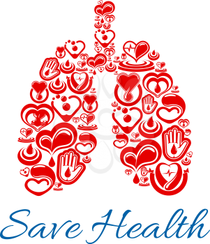 Save health poster of lungs human organ symbol combined of vector hearts and cardiology medications Blood donation, donor helping hand and saving life medical concept
