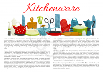 Kitchenware and dishware poster information template. Vector kitchen appliances and tableware saucepan, frying pan or kettle pot and cutlery fork, knife and spoon, mixer or grater and cutting board
