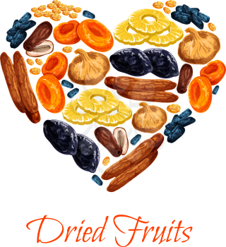 Dried fruits poster in heart shape of sweet dry fruit snacks. Vector dried apricots, dates or raisins and prunes. sweet mix of figs, pineapple or cherry and fruit desserts for shop or market