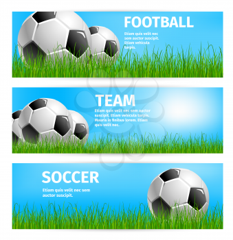Soccer sport team or football game cup banners templates for championship or college league tournament. Vector design of soccer ball on green grass of playing field at arena stadium under sun light