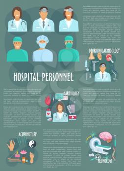 Medical poster of hospital doctors and healthcare departments. Vector medicine of neurology hammer, cardiology heat pills, mri scanner or otolaryngology otoscope and acupuncture needles or stethoscope