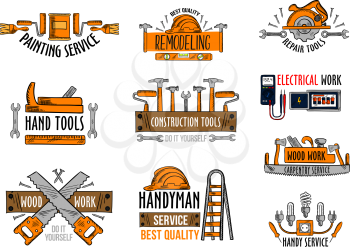 Work tools icons for house construction and home repair service. Vector isolated set of electric lamp voltmeter and fuse, woodwork saw and drill or hammer, handyman ladder or carpenter grinder plane
