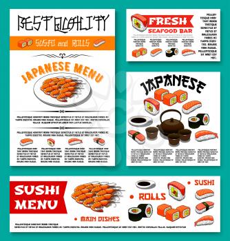 Sushi bar menu banner or poster templates set for Japanese seafood restaurant cuisine. Vector sushi rolls, green tea or tempura shrimp and fish, salmon maki or guncan and noodle soup with tuna sashimi
