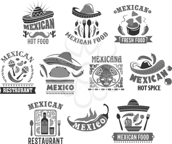 Mexican restaurant icons set of sombrero hat, jalapeno chili pepper in tacos or burrito or and tequila bottle. Vector isolated Aztec or Maya ornament symbols for Mexican traditional cuisine food bar