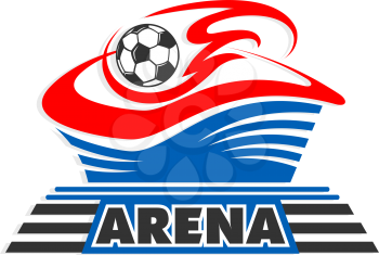 Football arena or soccer stadium icon design template for world cup championship. Vector isolated soccer ball with red wings on blue arena for tournament goal or international match championship