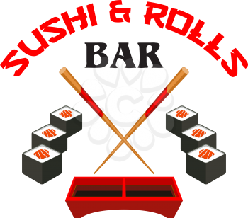 Sushi and rolls bar icons design template for Japanese Asian cuisine food bar menu or restaurant and cafe sign. Vector sashimi and sushi rolls of salmon fish and soy sauce with chopsticks