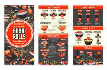 Japanese cuisine restaurant menu template for Asian food cafe. Vector price for sushi, fish rolls sets, rice or ramen noodle soup and salmon sashimi, eel or tuna maki and Japanese tea and chopstick